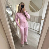Conjunto feminino de moletom premium rosa com jaqueta zíper e calça jogger